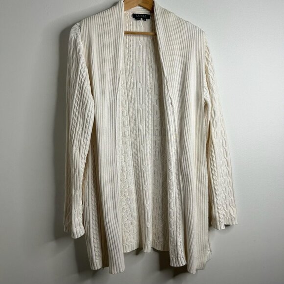 Lauren Ralph Lauren Cardigan Sweater Womens XL White Cable Knit Open Luxury Soft - Picture 1 of 10